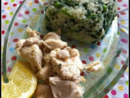 Recette poulet au thym et au citron, riz pilaf aux epinards et aux petits pois