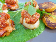 Recette noix de saint jacques gratinees au chorizo, creme de roquette, blinis de patates douces