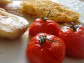 filets de merlan pannés, topinambours poêlés, tomates cerises rôties, crème à l’échalote