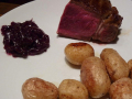 côte de boeuf au four, pommes de terre grenaille et compotée d’oignons