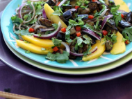 Recette nouilles soba en salade, mangues et aubergines