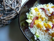 Recette salade de riz au magret séché, pêche et courgette