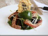 Recette salade de thon rouge en sashimi, vinaigrette coquelicot et sorbet basilic